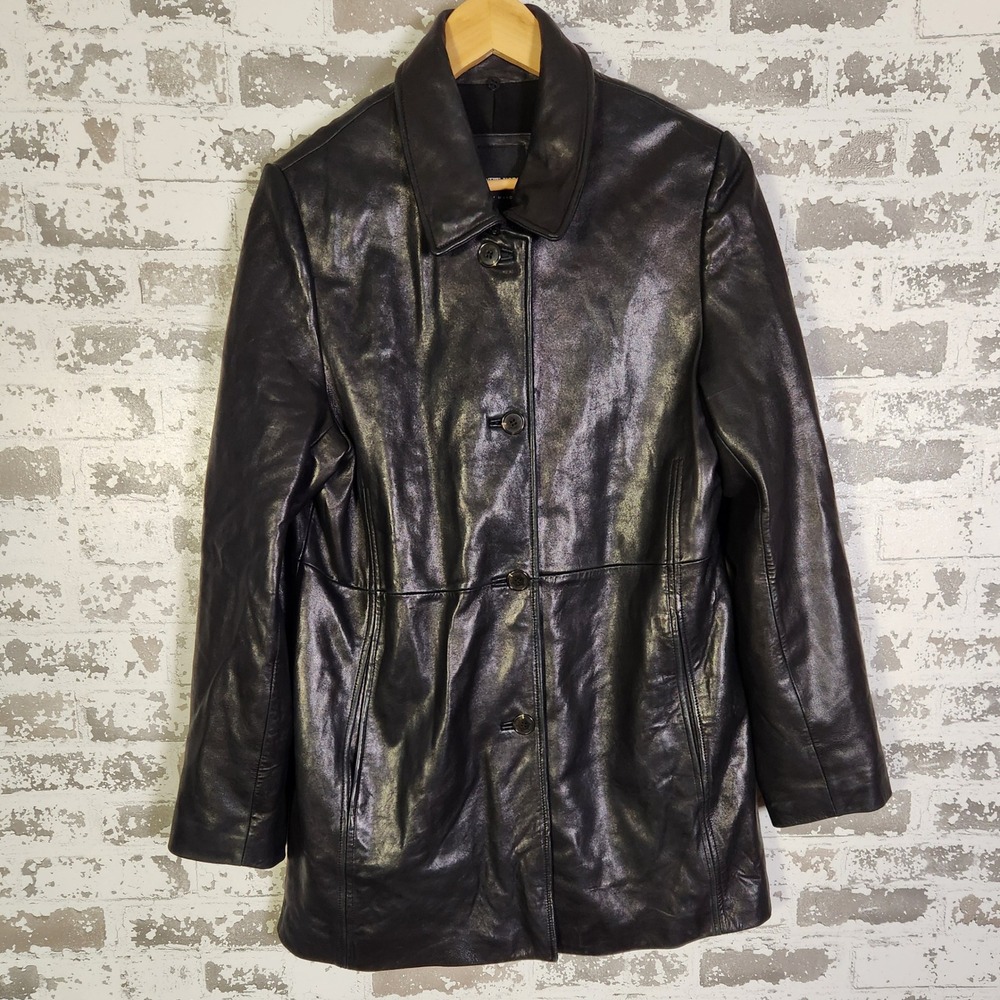 Marc New York Andrew Marc Leather Jacket Women's Size L Black Button  Mid-Length